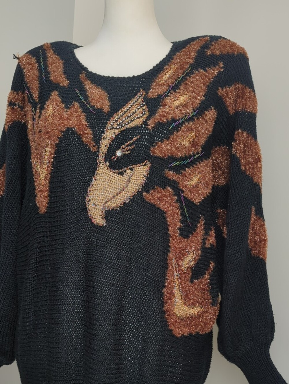 Vtg 1980s Avant Garde Wearable Art Textured Phoenix Flame Knit Sweater LARGE - Picture 4 of 12